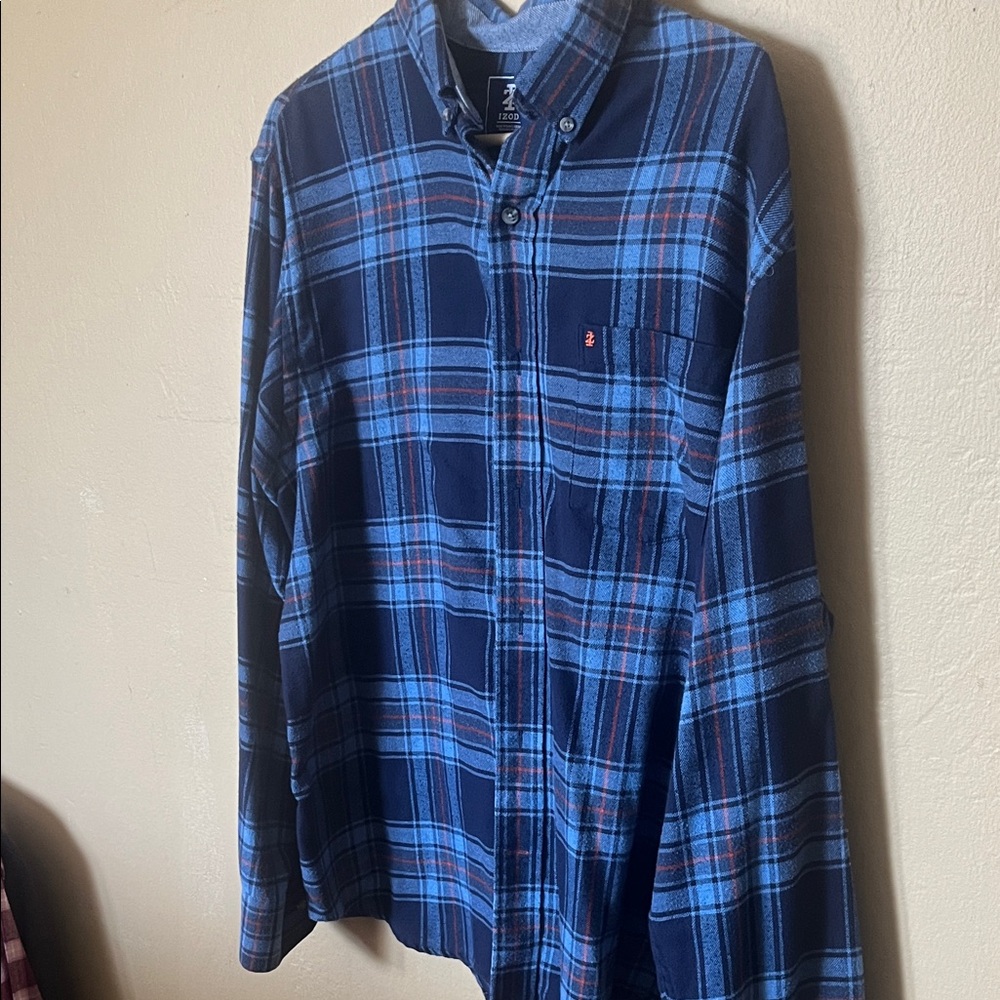 Izod Men's Blue Plaid navy blue with orange stripes Shirt.